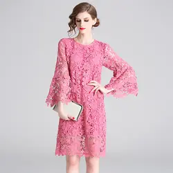 2019 новый Водорастворимая Кружева Свободные колена платья весна Для женщин розового цвета крючком Цветочные выдалбливают платье женские, с