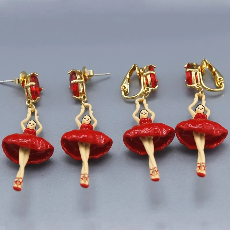 Ballet Dancer Earrings Enamel Glaze Red Dance Girl Bow Ear Clipin Stud