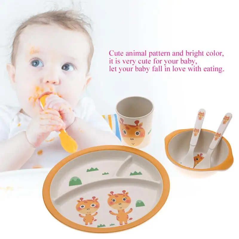 5Pcs//set Bamboo Fiber Baby Plate Bowl Cup Fork Spoon Baby Kids Feeding Tableware