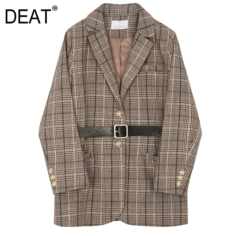 

[DEAT] 2019 New Autumn Winter Lapel Long Sleeve Coffee Plaid Pocket Stitch Belt Loose Jacket Women Coat Fashion Tide JQ035