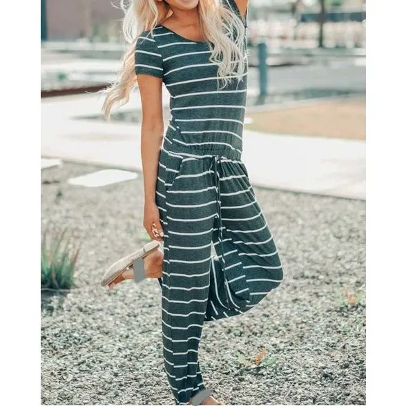 Fashion 2019 Summer Women Striped Jumpsuit Casual Short Sleeve Tracksuit Overalls Loose O Neck Long Romper Fashion 2019 Summer Women Striped Jumpsuit Casual Short Sleeve Tracksuit Overalls Loose O Neck Long Romper
