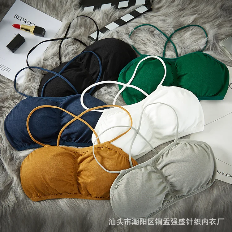 

2019 Spring Back Wrapped Chest Strapless Anti Emptied Back Cross-Seamless Cotton Girl's Small Strap Underwear
