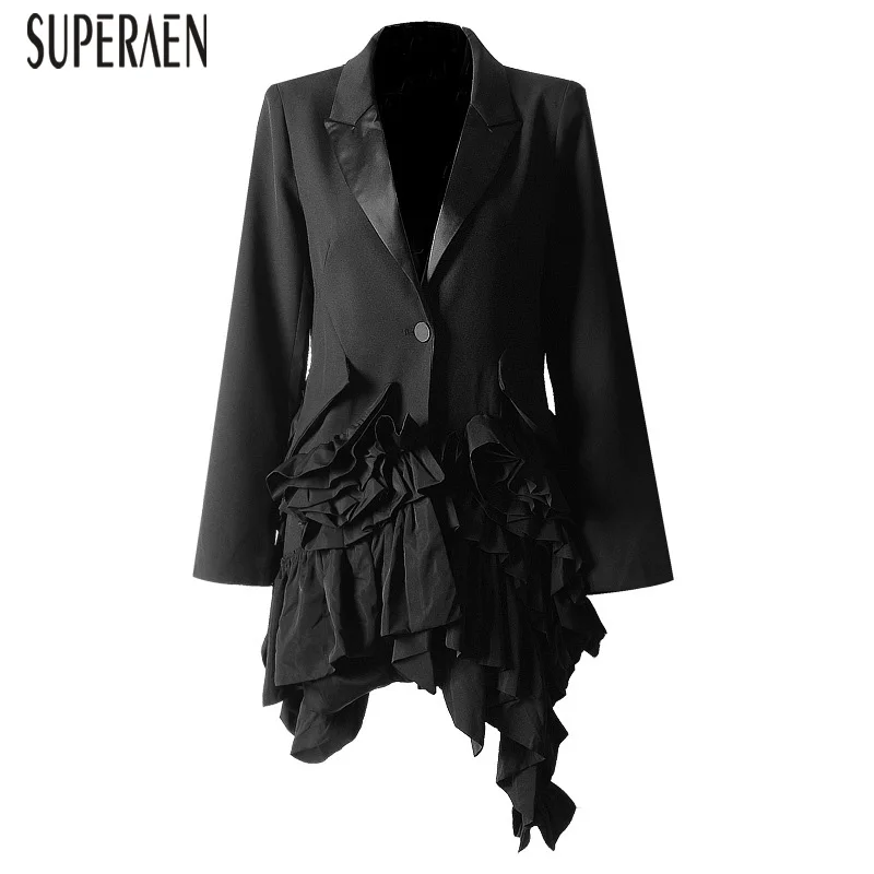 

SuperAen Fashion Irregular Ruffled Long-sleeved Women Suit Jacket Solid Color Cotton Wild Casual Ladies Jacket Spring New 2019