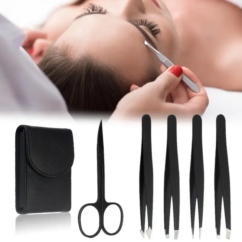 

5 Professional Stainless Steel Oblique Eyebrow Tweezers Kit Daily Beauty Eyebrow Set Portable Suitcase Scissors Cosmetic Tools