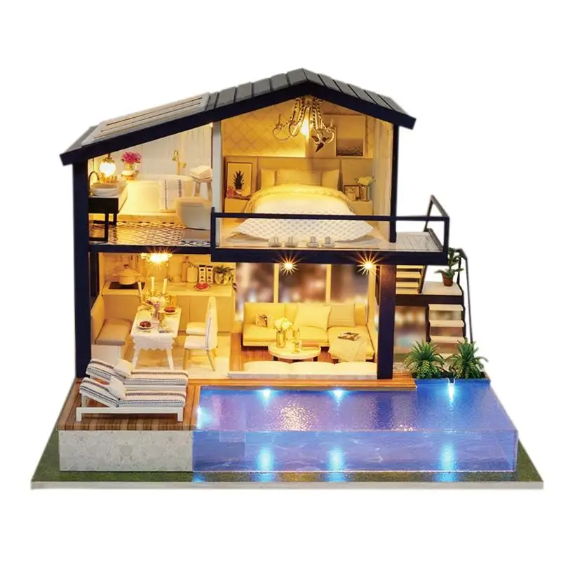 

Doll House Furniture Kit DIY Mini Wooden Apartment Dust Cover Music Box Miniature DIY Dollhouse With Furnitures Wooden House Toy
