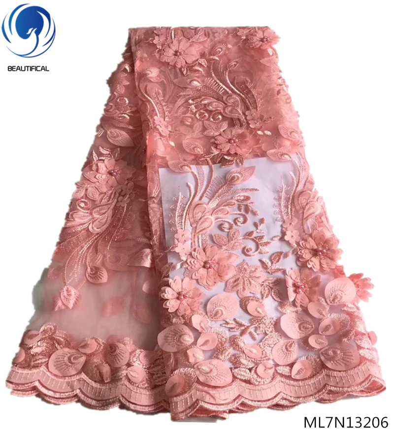 

BEAUTIFICAL peach lace fabric 3d tulle fabric 3d flowers embroidery lace fabric with beads for wedding nigerian lace ML7N132