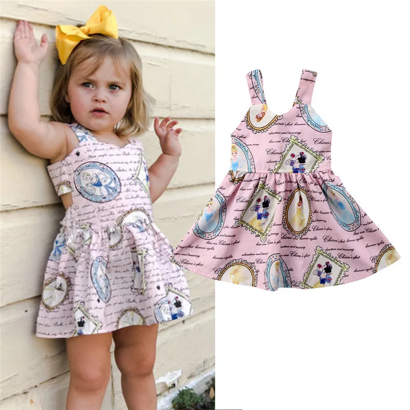 

0-3Years Lovely Newborn Kids Baby Girls Princess Party Dress Sleeveless Strap V-Neck Print Dress Girl Backless Mini Sundress