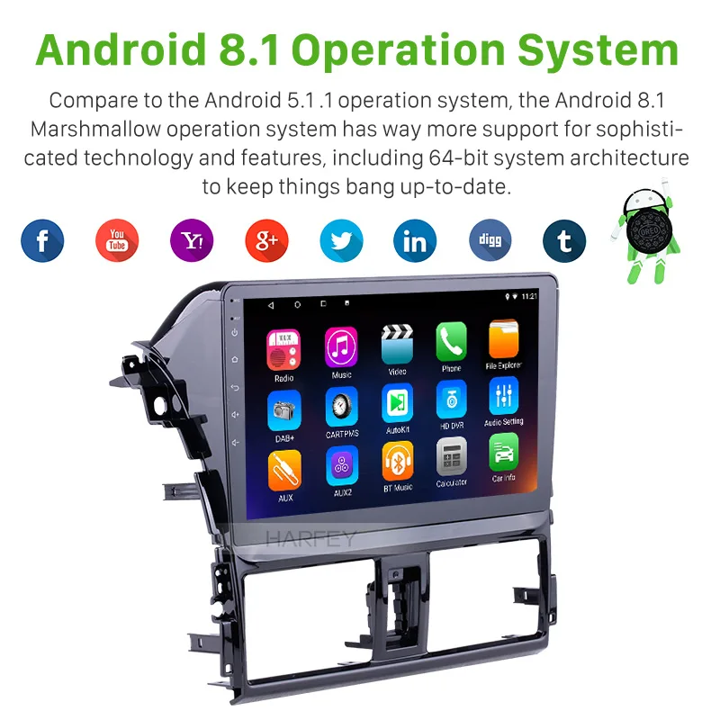Top Harfey 10.1" Android 6.0/8.1 2Din GPS Car Radio For 2013 2014 Toyota Vios Multimedia Player Head Unit Support Backup Camera 1