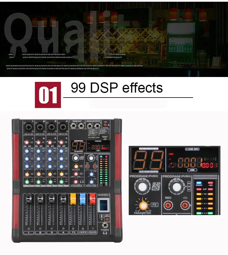 

Professional DJ Mixing 4 Channel Bluetooth Console Microphone Audio Mixer Karaoke 48 phantom power 99 DSP for KTV Live