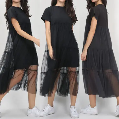 

2019 Women Ladies Summer Casual Mesh Black Long Maxi Dress Party Clubwear Sundress AU
