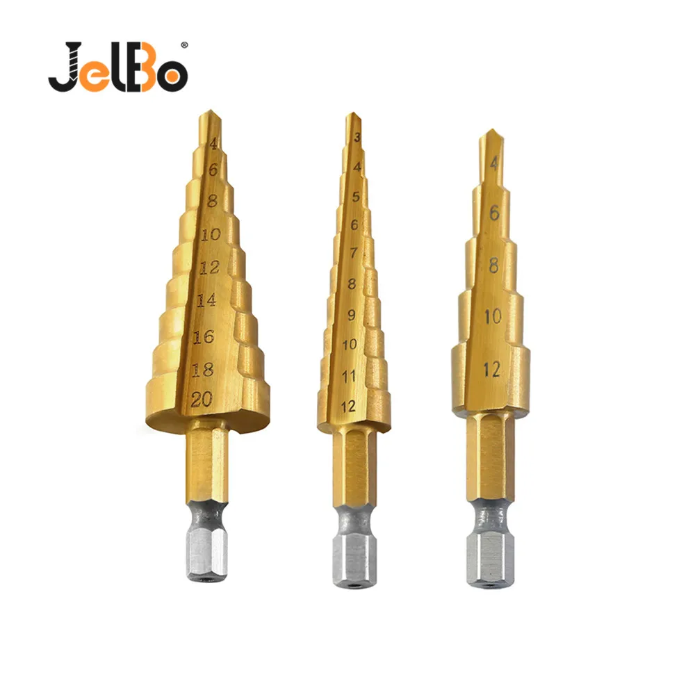 

JelBo Step Drill Bit Set Titanium Coated HSS Metal Hex Shank Drill Bits by Power Tool for Wood, Metal 3Pcs/Set 3-12/4-12/4-20mm