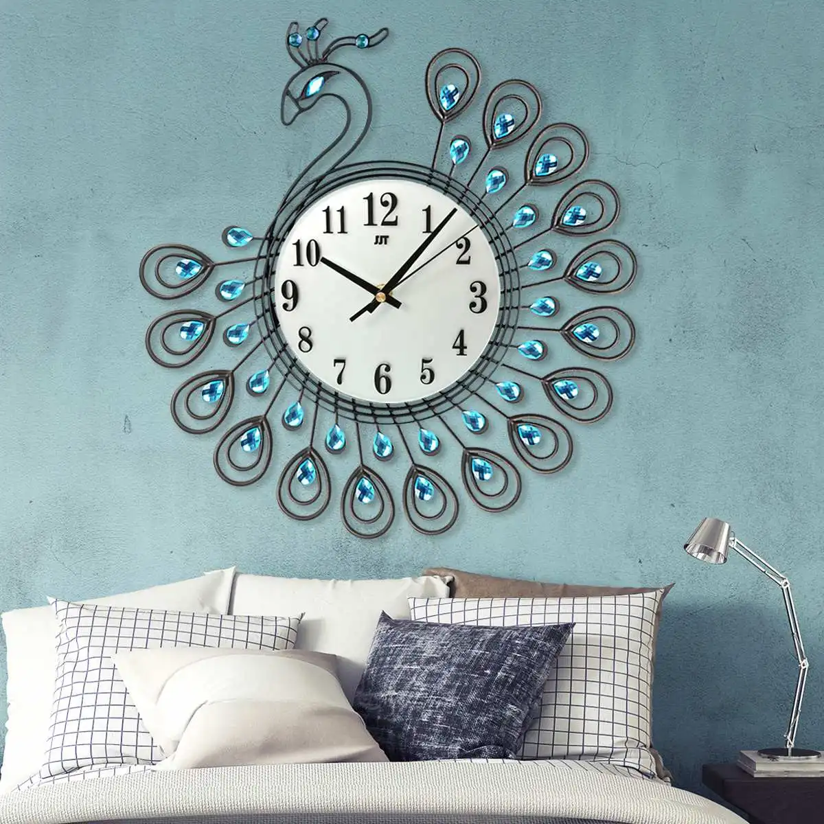 

Luxury Large 3D Metal Peacock Surface Wall Clock Antique Diamond Crastal Peacock DIY Wall Clocks Gift for Home Office Room Decor