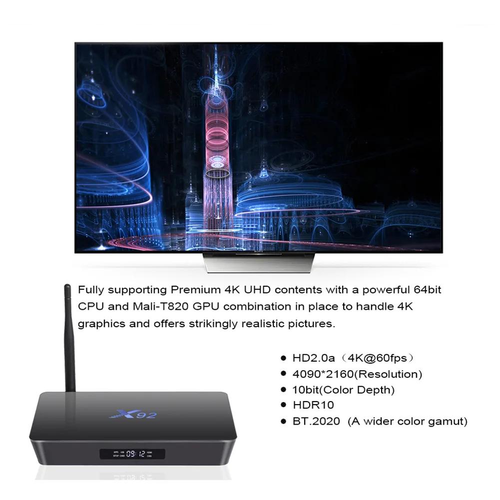 

2+16G Media Player 4K Smart HD TV Box Mali-T820 Dual Amlogic S912 4K*2K X92 Android 7.1 WIFI