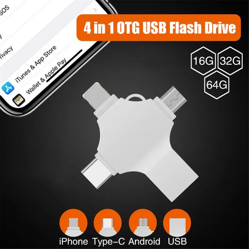 

High Quality 4 in 1 OTG USB Flash Drive Lightning Pen Drive USB 3.0 Pendrive for iPhone/iPad/IOS/Type-C/Android/PC Wholesale
