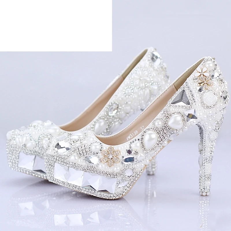 

Sparkling Crystal Bridal Wedding Shoes Pageant Evening Shoes Festival Party Prom High Heels White Pearl Women Banquet Shoes
