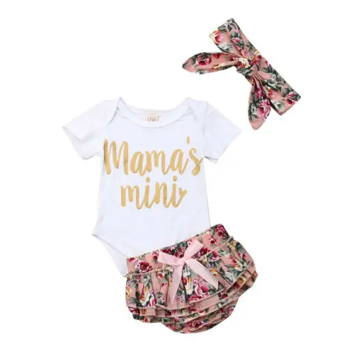 

Infant Toddler Baby Girl Summer Princess Clothes Set White Letter Short Sleeve Romper Top+Floral Short Pants+Headband 3pc Outfit