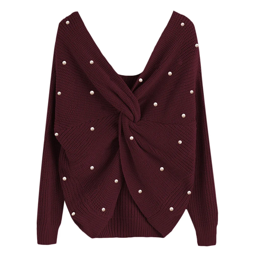 

2018 Autumn Pearl Beading V Neck Twist Sweater Burgundy Women Pullovers Knit Jumpers Long Sleeve Casual Solid Pull Femme Hiver