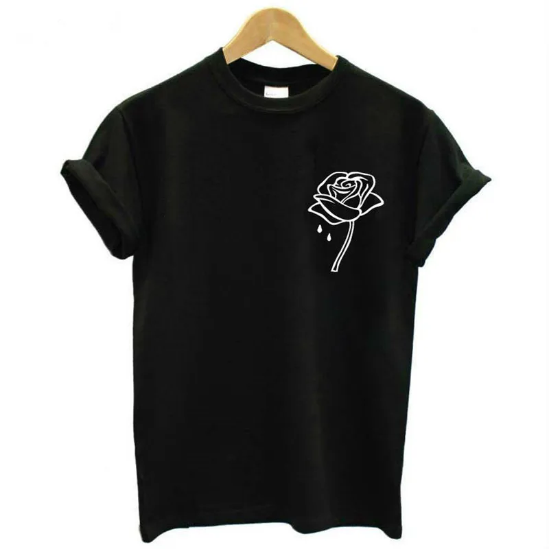 

Summer Rose Print Tshirt Woman Black White Short Sleeve T-Shirt For Women Casual Tshirt Women Pullover Tops Vintage 9001