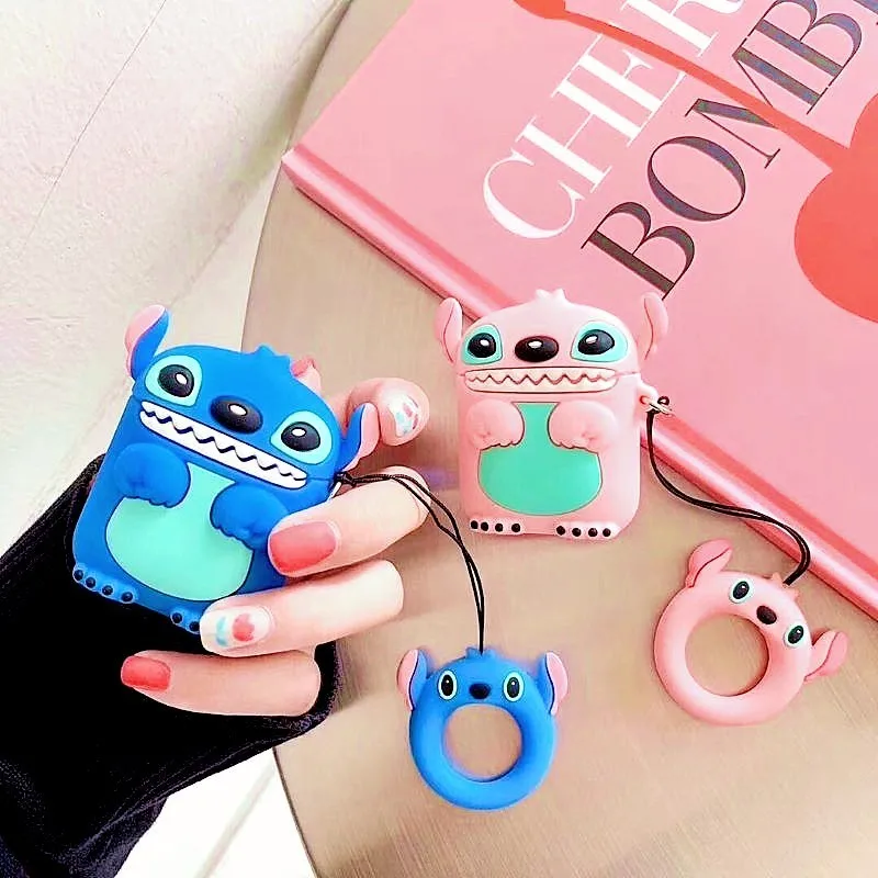 

Cute Cartoon Stitch soft silicone Earphone Case For apple airpods Wireless Headphones Box Headset Ring Strap Protective Cover