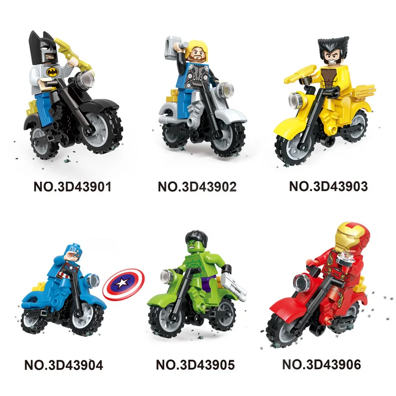 

60Pcs/Lot Super Heroes Legoed Minifiguresed Motorcycle Batman Hulk Iron Man Figure Building Blocks Brick Children Toys CK003