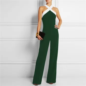 

2019 Spring Summer Women Sexy Jumpsuits Leak Back Sleeveless Straps Jumpsuits Patchwork Wide Leg Elegant Overalls