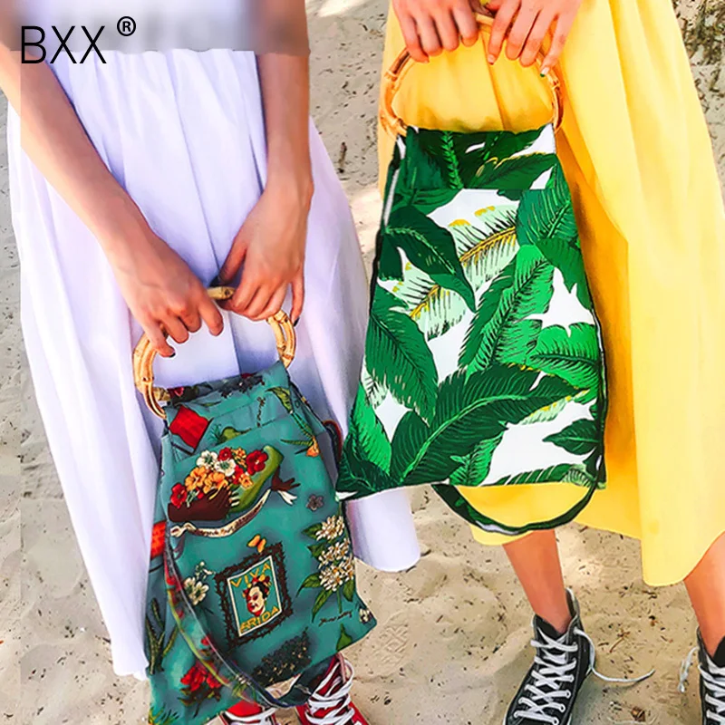 

[BXX] 2019 Summer Woman Leaf Print Double Round Wood Handles Single Strap Canvas Vacation Tourism Shoulder Bag Handbag LM655