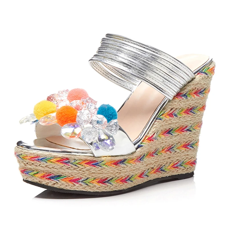 

Open-toe Women Mules 11.5 CM High Heels Platform Wedges Summer Party Slippers Thick Soles Woman Shoes Box packing 821-4