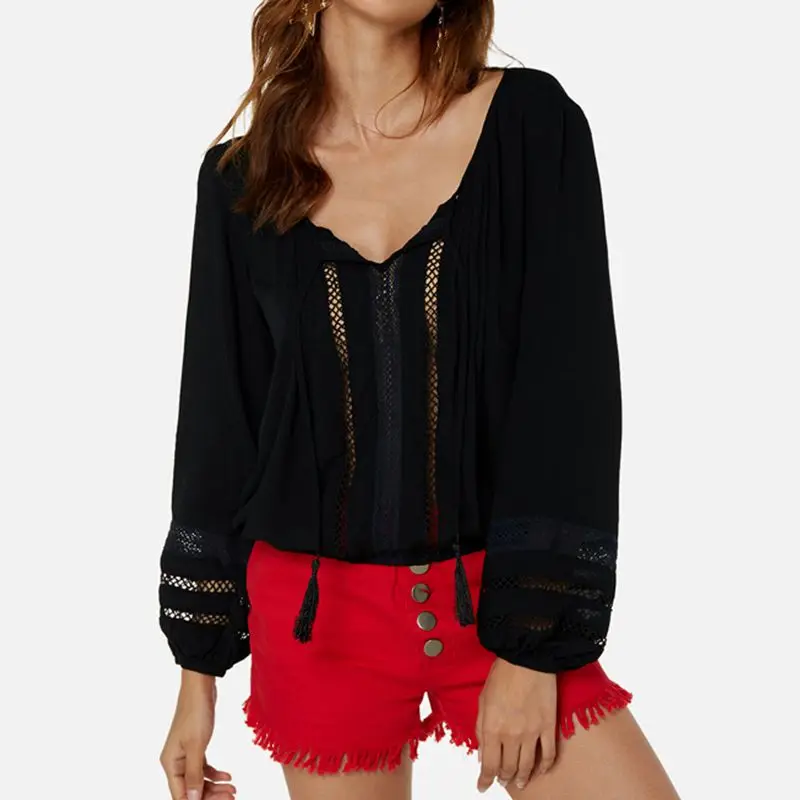 Women Bohemia Blouse and Shirts 2019 Summer Hollow Out Design Long Lantern Sleeves Blouse Solid Sexy V-Neck Beach Tops Shirts