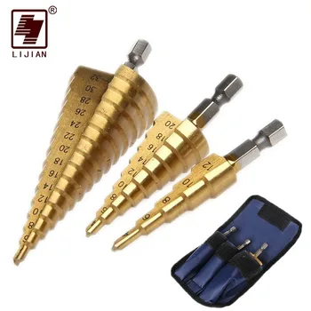 

LIJIAN 3pcs 1/4" Hss Step Cone Taper Drill Bit Set Hole Cutter Metric Titanium Coated Metal Hex Stepped Drill Bits 4-12/20/32mm