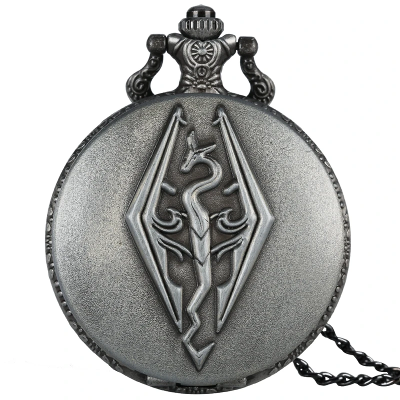 

The Elder Scrolls V Theme Retro Bronze 3D Dragon Design Quartz Pocket Watch Necklace Chain Skyrim Pendant Gifts for Boys Girls