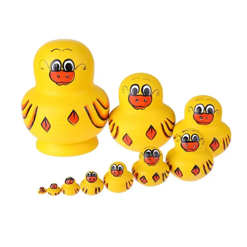 10pcs/Set Cartoon Cute Duck Pattern Matryoshka Dolls Wooden Russian