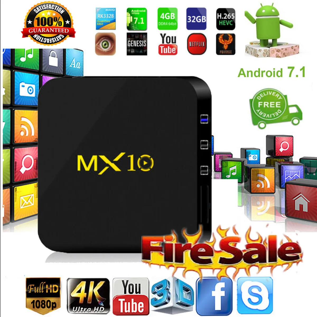 

MX10 Android 8.1 Intelligent Network TV Box 64-bit WiFi 4K+32GB HD Media Player