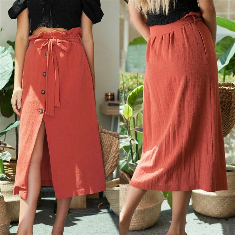 Сексуальная Женская юбка миди с высокой талией, с разрезом спереди, на пуговицах, облегающая юбка, модная женская Повседневная летняя юбка