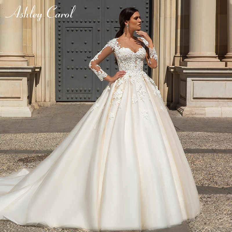 

Ashley Carol Sexy V-neck Lace Princess Wedding Dress 2019 Long Sleeve Court Train Bride Dresses Elegant Illusion Wedding Gowns