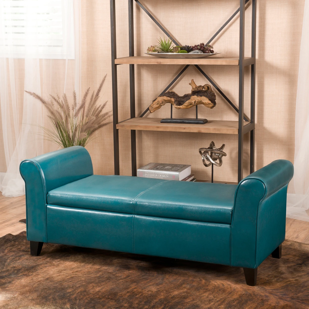Buy Danbury Teal Leather Armed Storage Ottoman Bench