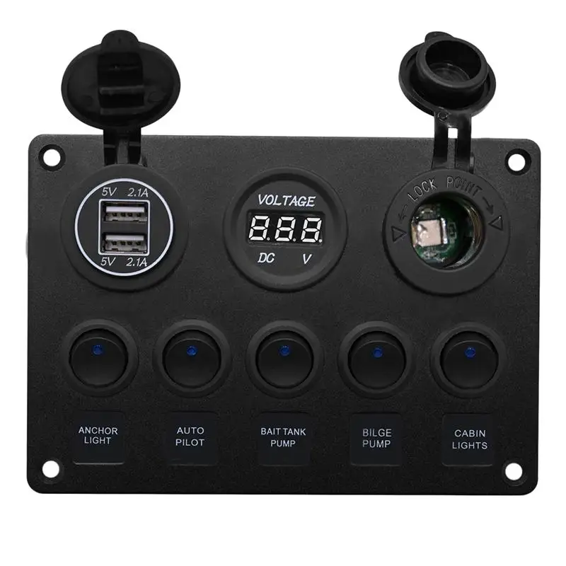 

Rocker Switch Panel 5 Gang with 2.1A Dual USB Ports Light Indicator Voltmeter Cigarette Lighter Vehicle Automotive Control Panel