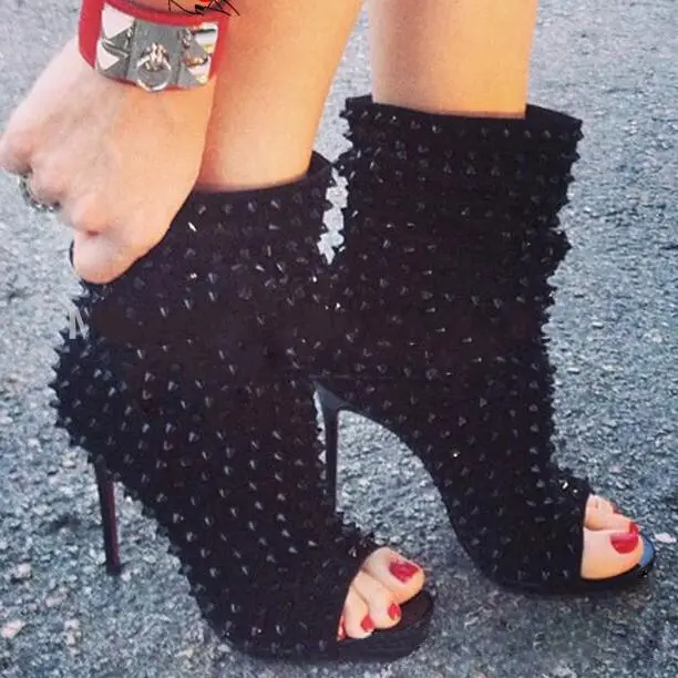 

Moraima Snc 2019 The New Women Boots Short Ankle Boots Peep Toe Rivet Thin Heels Night-club Party Stilettos Lady Fashion Pumps