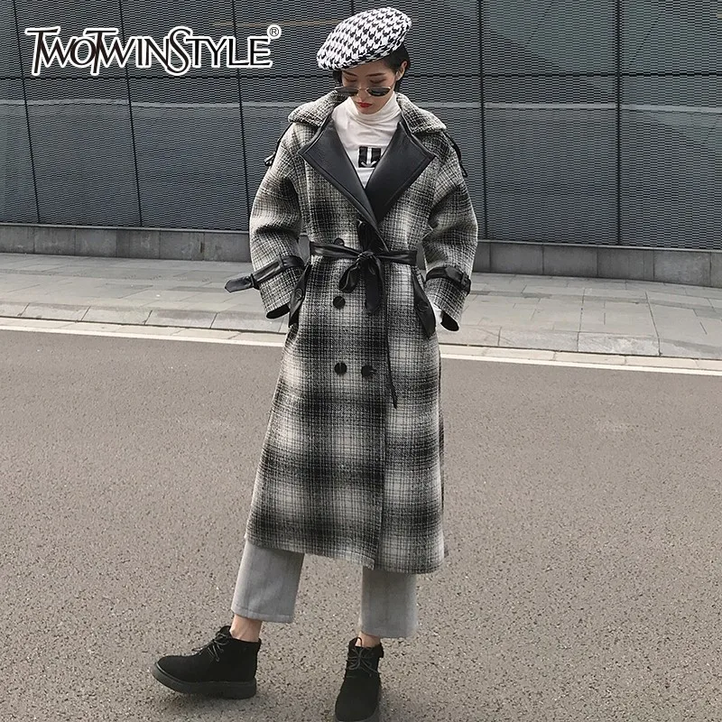 gray Twotwinstyle Cuir Pu Coréen Laine 2018 Mode Femme Femmes Dentelle Longues De Manteaux Manches En Hiver Plaid vent Blue Patchwork Up Coupe 4q1x4Fnr