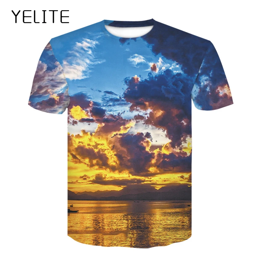 YELITE Новинка 2019 года 3D пейзаж футболка мужской короткий рукав Футболка Печатный