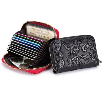 

Genuine Leather Women Accordion Short Wallet Floral Embossing Multi Card Holders RFID Small Coin Purse Zipper Clutch Wallets