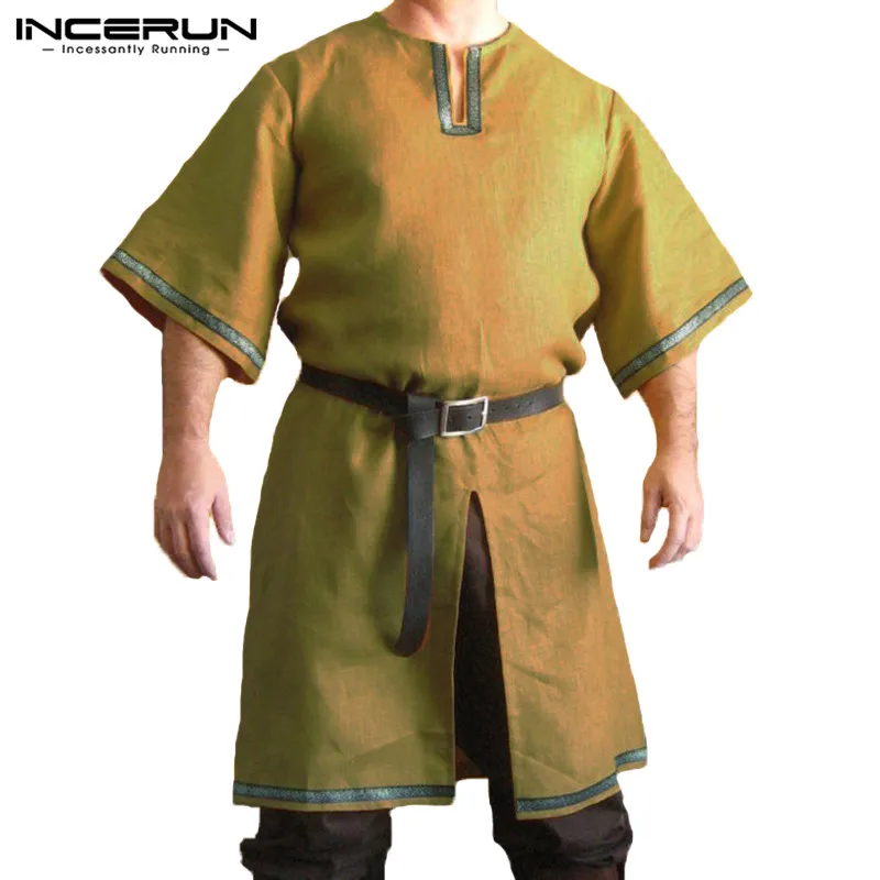 

Medieval Period Viking Norman Knight Shirt Men Half Sleeve Irregular Long Shirts Chevalier Tunic Stage Costumes Men Tops S-5XL