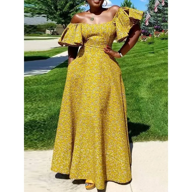 

Sexy Print Long Dress Women Summer Off Shoulder Evening A Line 2019 New Yellow Ruffle Party Robe Ladies Elegant Backless Dresses