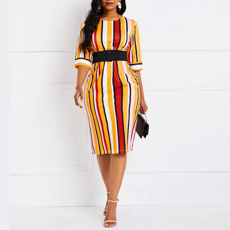 

Sexy Bodycon Midi Dress Women Elegant Color Striped Street Hipster Spring Yellow Hot Sale Female High Waist Casual Day Dresses
