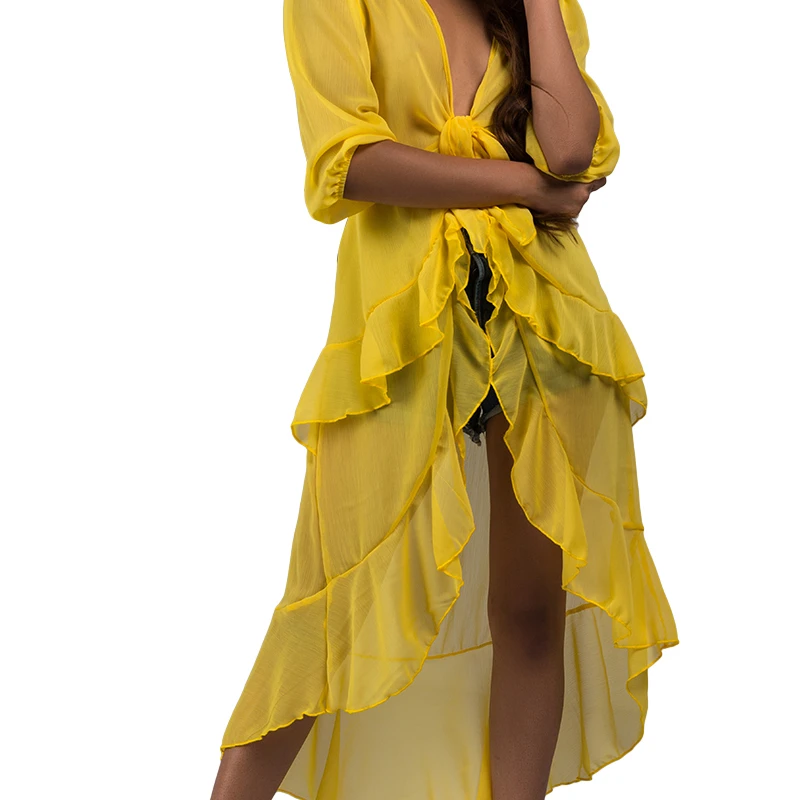 AKIRA Women's Sheer Tie Front High Low Ruffle Long Sleeve Duster Blouse