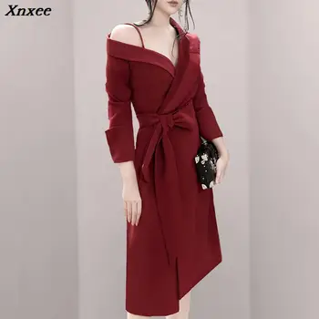 

Xnxee 2020 New Women Sexy Red Dress Full Sleeve Sashes Bow Mid-Calf Length Lady Asymmetrical Dress Fashion V-Neck Dress Xnxee