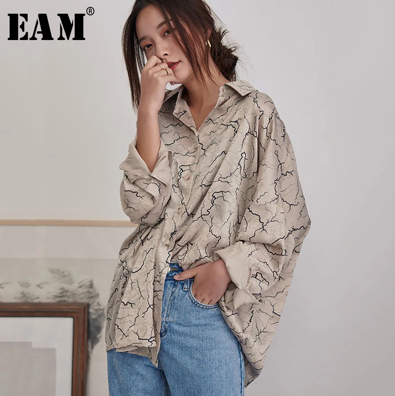 

[EAM] 2019 New Spring Summer Lapel Long Sleeve Pattern Printed Temperament Loose Big Size Shirt Women Blouse Fashion Tide JQ670