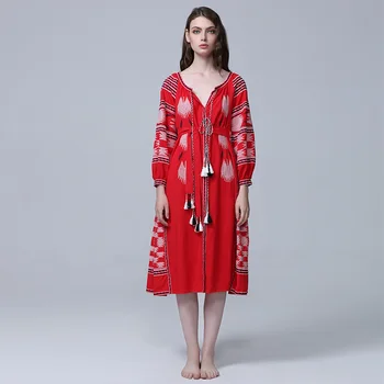 

New tourist holiday folk style embroidery fringed cardigan dress in the long nine - sleeve lantern sleeve embroidery linen dress