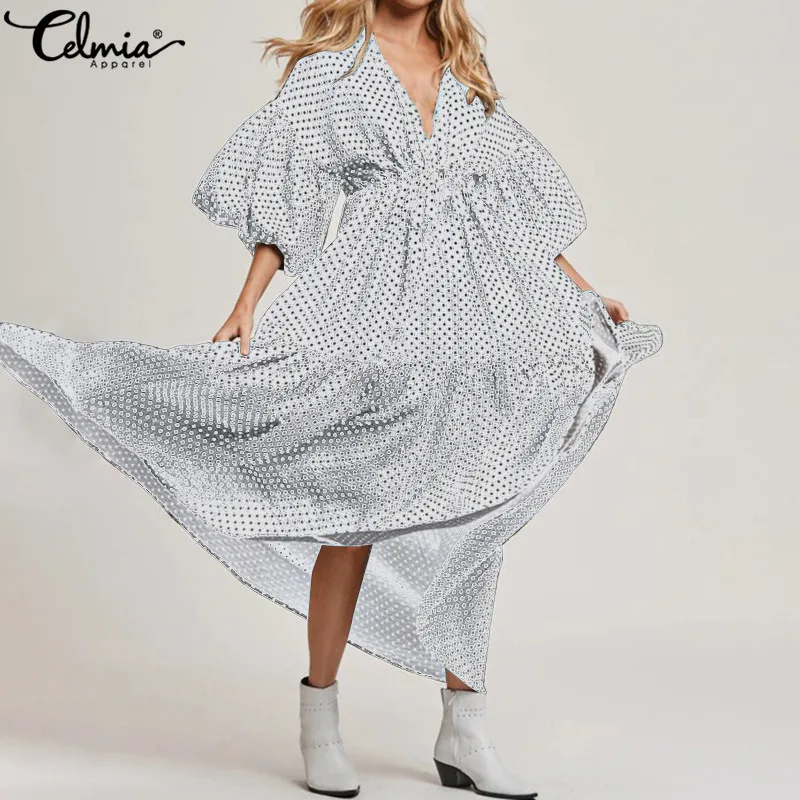 

Celmia Plus Size Bohemian Dress 2019 Women Sexy V Neck Polka Dot Print Maxi Dresses Casual Irregular Ruffles Long Party Vestidos