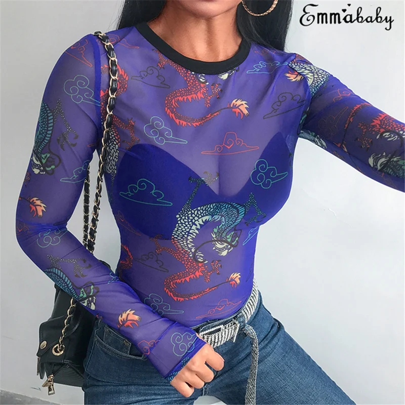 Fashion Sexy Womens Ladies Crew Neck Transparent Mesh Sheer Dragon Top Shirt Blouse Tee Tops Blue Fashion Sexy Womens Ladies Crew Neck Transparent Mesh Sheer Dragon Top Shirt Blouse Tee Tops Blue