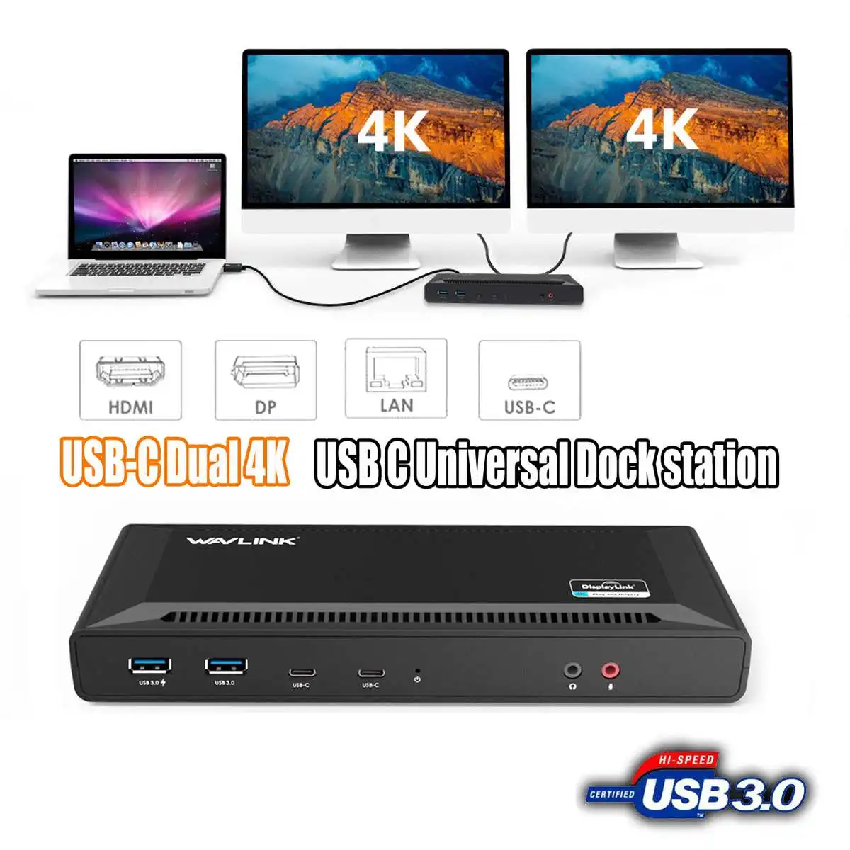 

WAVLINK USB C Dual 4K Docking Station with 60W Power Delivery 5K Single Video Display Port Replicator 2xDisplay Port 2xHDMI